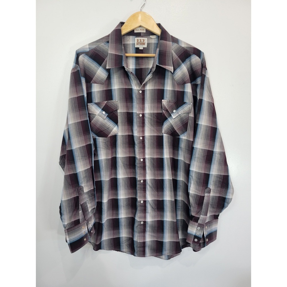 ELY CATTLEMAN Mens 3XL Tall‎ Plaid Western Long Sleeve Snap Front Shirt